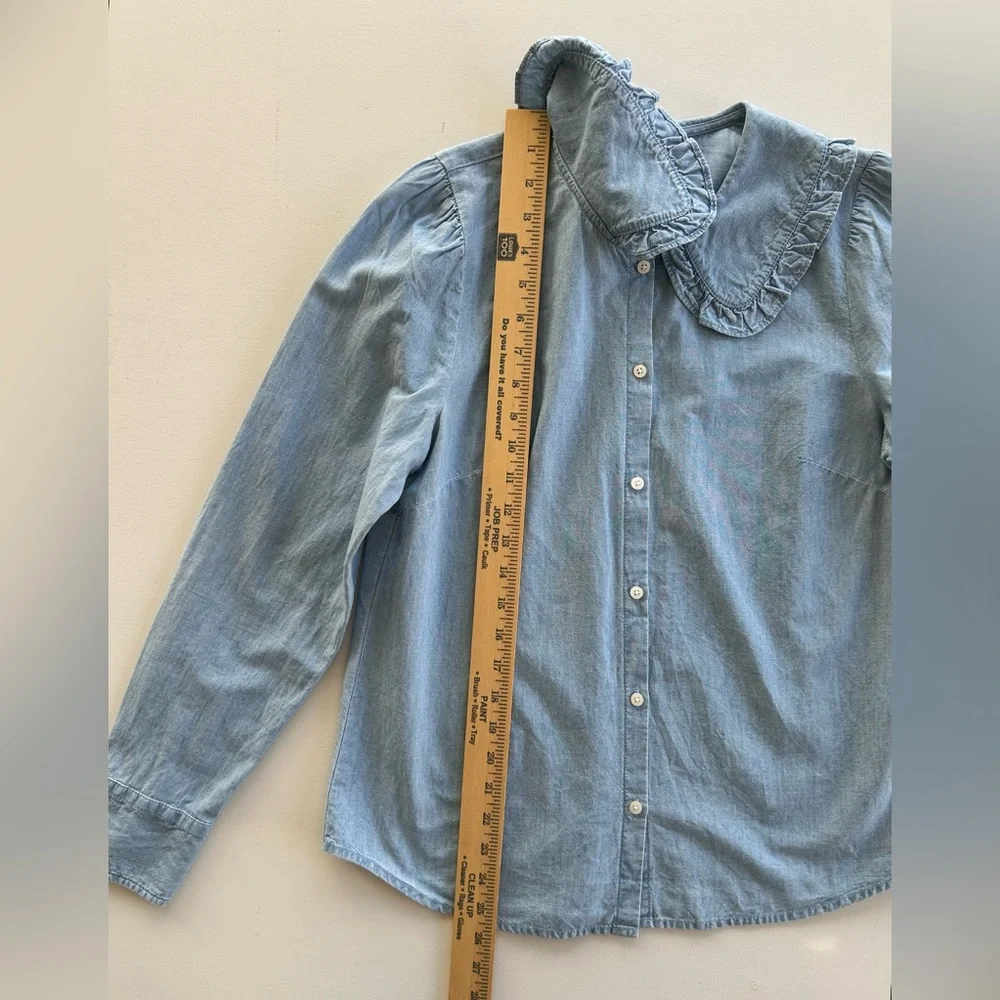 J Crew Blue Chambray Shirt Ruffle Peter Pan Collar Long Sleeve Women's Size 4 - Picture 5 of 15